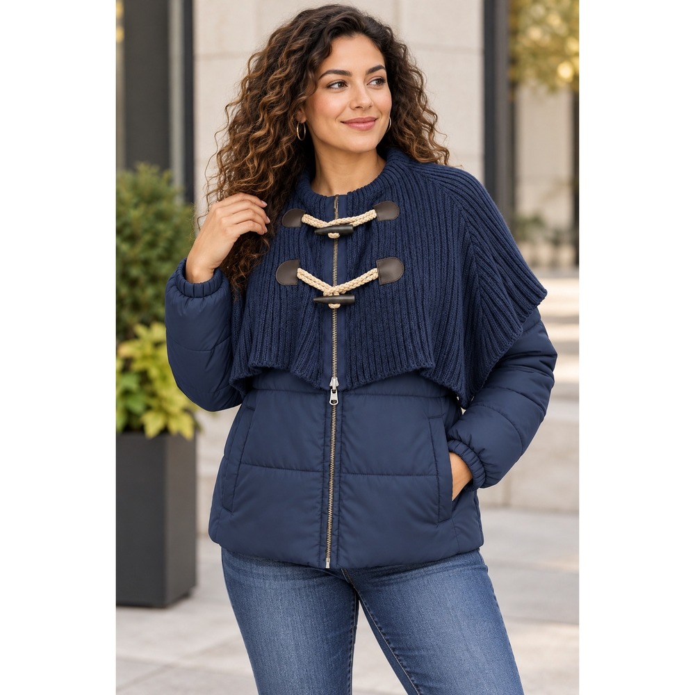 Daughters of the Liberation Anthropologie Navy Puffer Jacket Knit Cape Overlay L